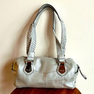 Tignanello metallic silver purse with floral and paisley interior braide…